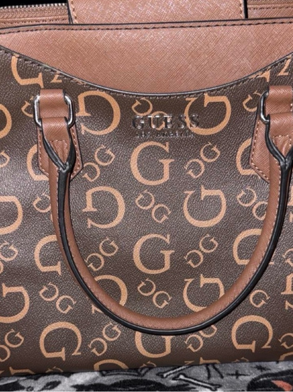GUESS Brown Logo Print Satchel with Tan Accents